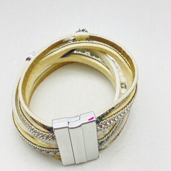 Multilayer Faux Leather Bracelet Silver Tone Magnetic Closure Turquoise Leaf - Picture 2 of 8